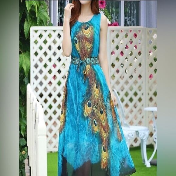 Stunning PEACOCK Feather Animal Print Sleeveless Chiffon Maxi Shift Kaftan Dress - Picture 5 of 9